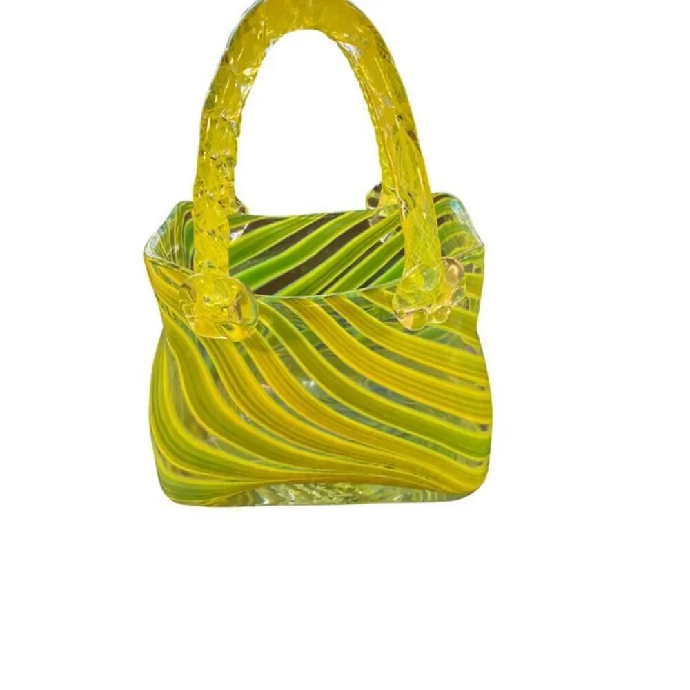 Handblown Glass Tote-Style Decorative Bag With Green & Yellow Swirl Design